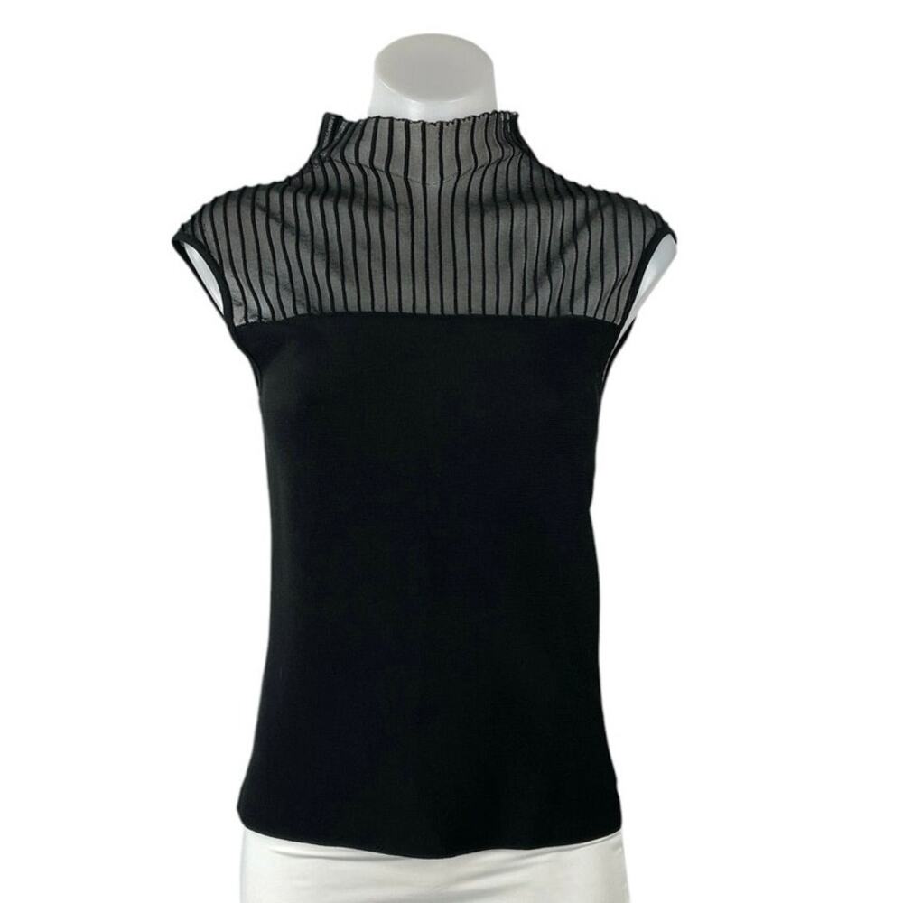 Veronika Maine Black Mesh Sheer Mock Neck Sleeveless Knit Blouse Top Size S
